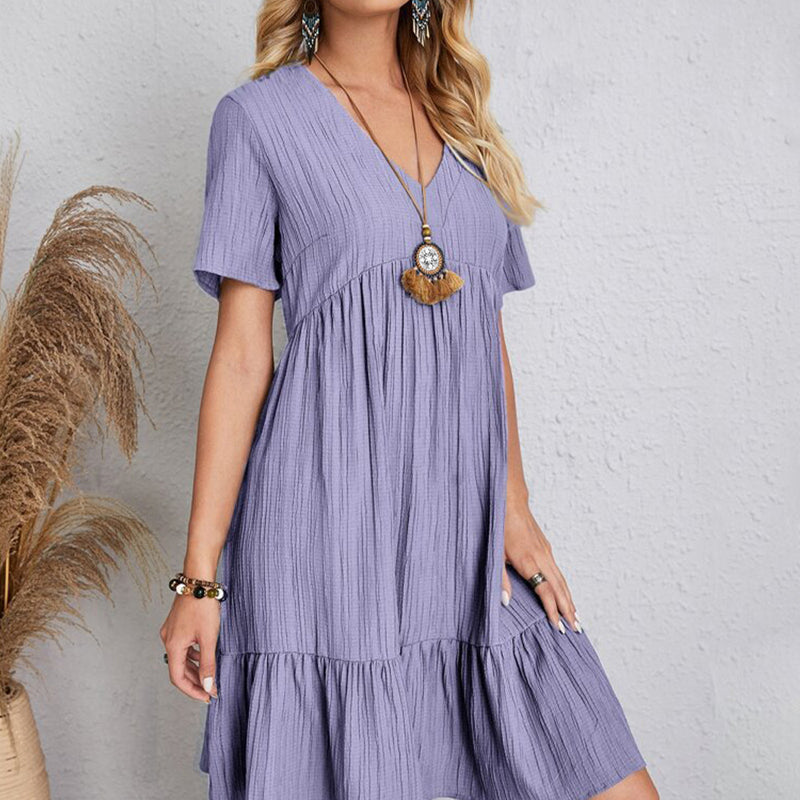 Summer Solid Dress Women Casual Bohemian V Neck Short Sleeve Ruffles Loose A Line Mini Dress Elegant Beach Party Vestidos Street