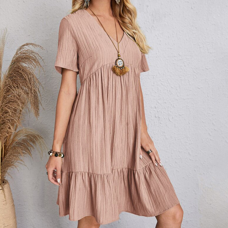 Summer Solid Dress Women Casual Bohemian V Neck Short Sleeve Ruffles Loose A Line Mini Dress Elegant Beach Party Vestidos Street