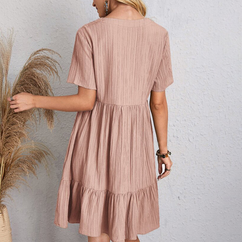 Summer Solid Dress Women Casual Bohemian V Neck Short Sleeve Ruffles Loose A Line Mini Dress Elegant Beach Party Vestidos Street