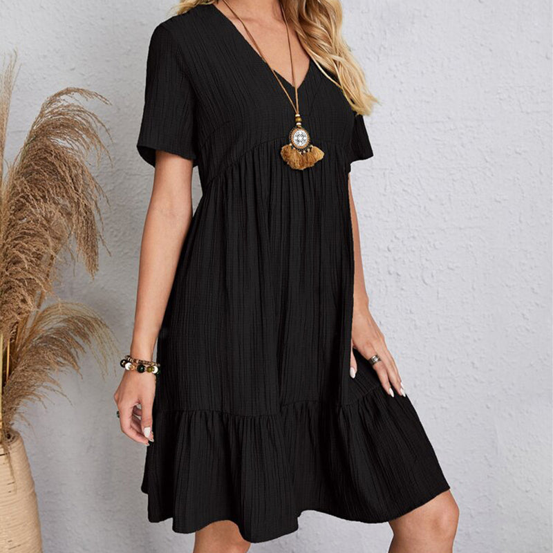 Summer Solid Dress Women Casual Bohemian V Neck Short Sleeve Ruffles Loose A Line Mini Dress Elegant Beach Party Vestidos Street