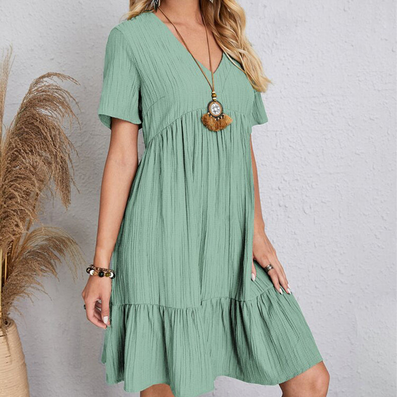 Summer Solid Dress Women Casual Bohemian V Neck Short Sleeve Ruffles Loose A Line Mini Dress Elegant Beach Party Vestidos Street