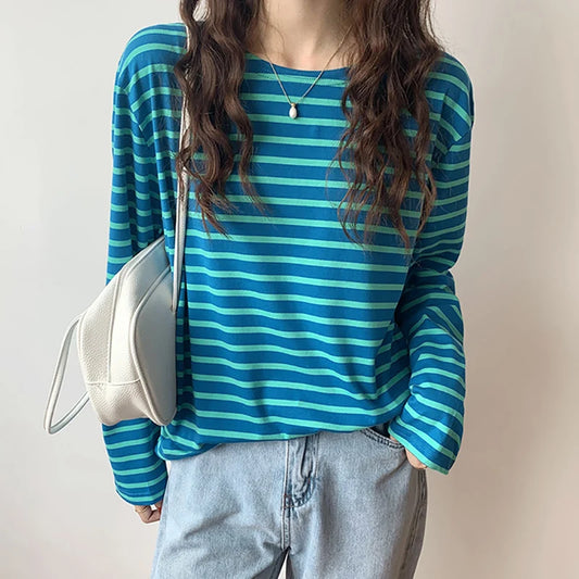 Women's Cotton Striped T-Shirt Top O Neck Loose Casual All-match T Shirts Female Long Sleeve Basic Fashion Korean New Tees Femme