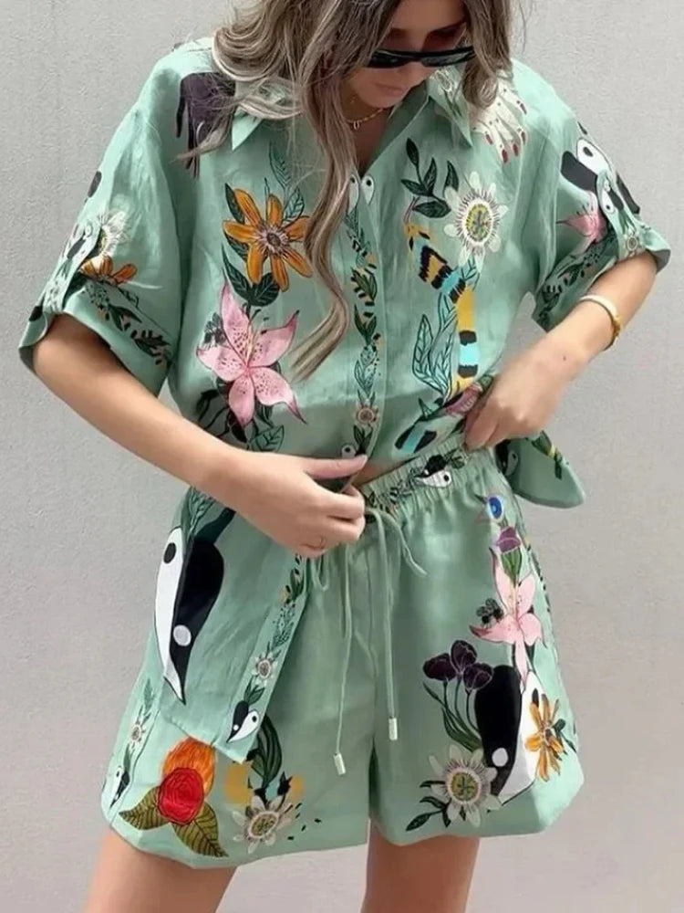 Elegant 2-piece Sets for Women Summer New Fashionable Printed Short Sleeves Office Shirt Suits Casual Loose Oversize Shorts Set