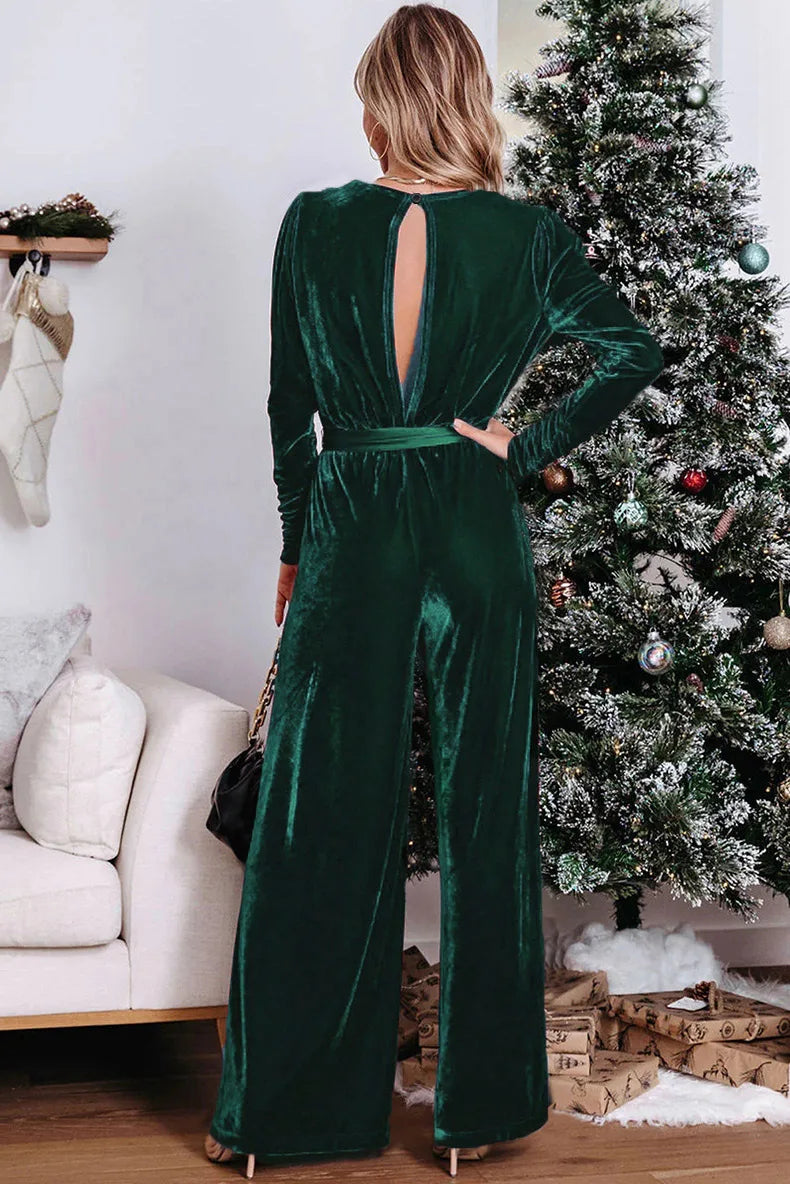 Women's Spring and Autumn New Fashion Slim-fit Romper V-neck Long Sleeve Lace-up Elegant Straight-leg Long Pants Jumpsuit Y2k