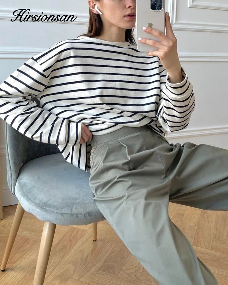 Hirsionsan 2024 Basic Thick Stripes T Shirts Women Autumn Long Sleeves Loose Bottom Ladies Casual Knitted Cotton Woman Clothing