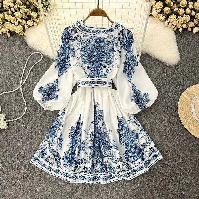 Spring Women Dresses Print Lantern Sleeve V Neck Dress Patchwork Ruffles Belt Loose Pullover Boho Vestidos Slight Strech 2024