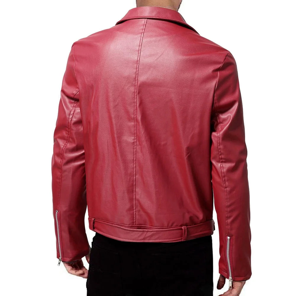 Men PU Leather Jacket Solid Color Casual Slim-Fit Zipper Long Sleeve Turn-Down Collar Motorcycle Leather JacketCoat Men Clothing