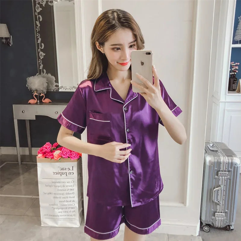 Womens Silk Satin Pajamas Set Sleepwear Pijama Women's Loungewear Pajamas Suit Female Sleep Two Piece Set Feminino Fofo Pyjamas