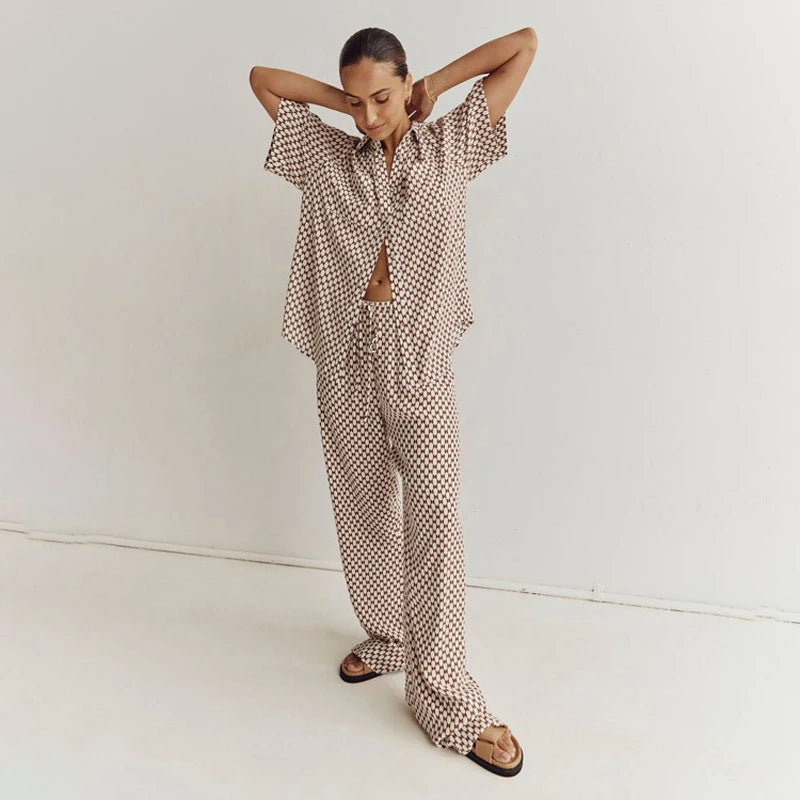 Home Clothes Summer Short Sleeve Blouse Two Piece Set For Women Elegant Loose Print Pants Set Fashion Wide Trouser Suits