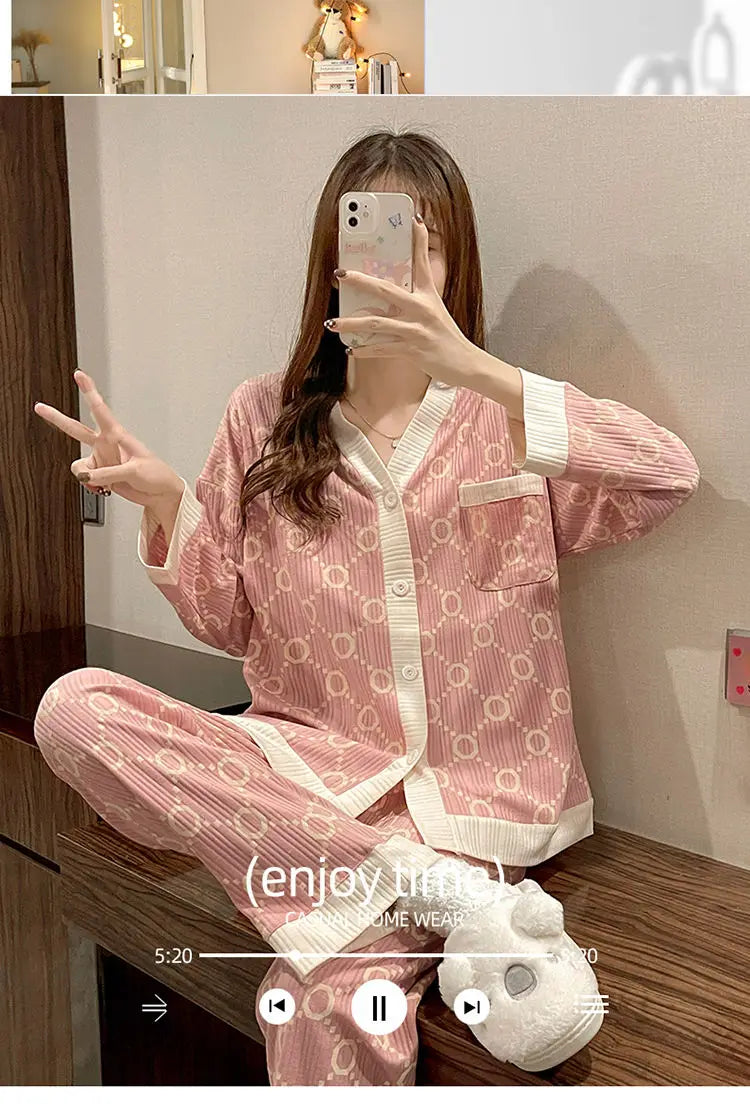 Two-piece Pajama For Women Pijamas Autumn Feminino Warm Casual Sleepwear 2024 Fashion Button Sleepwear Femme Print Home Suit