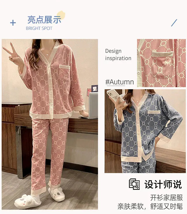 Two-piece Pajama For Women Pijamas Autumn Feminino Warm Casual Sleepwear 2024 Fashion Button Sleepwear Femme Print Home Suit