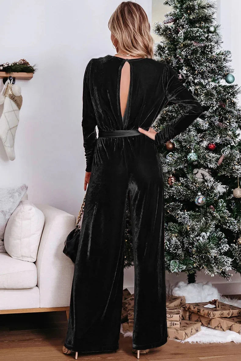 Women's Spring and Autumn New Fashion Slim-fit Romper V-neck Long Sleeve Lace-up Elegant Straight-leg Long Pants Jumpsuit Y2k