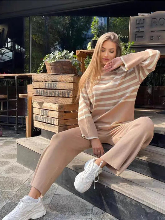 2024 Fashion Stripe Style Knitted Two Piece Set High Collar Sweater Loose