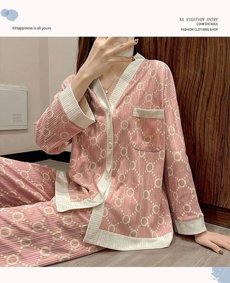 Two-piece Pajama For Women Pijamas Autumn Feminino Warm Casual Sleepwear 2024 Fashion Button Sleepwear Femme Print Home Suit