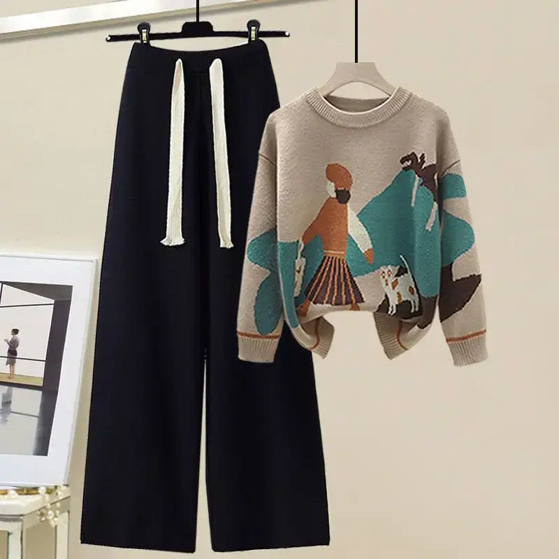 Set of Two Fashion  Women Long Sleeve Printing Pullover All-match Knitted High Waist Wide-leg Pants Women Knitted Suit