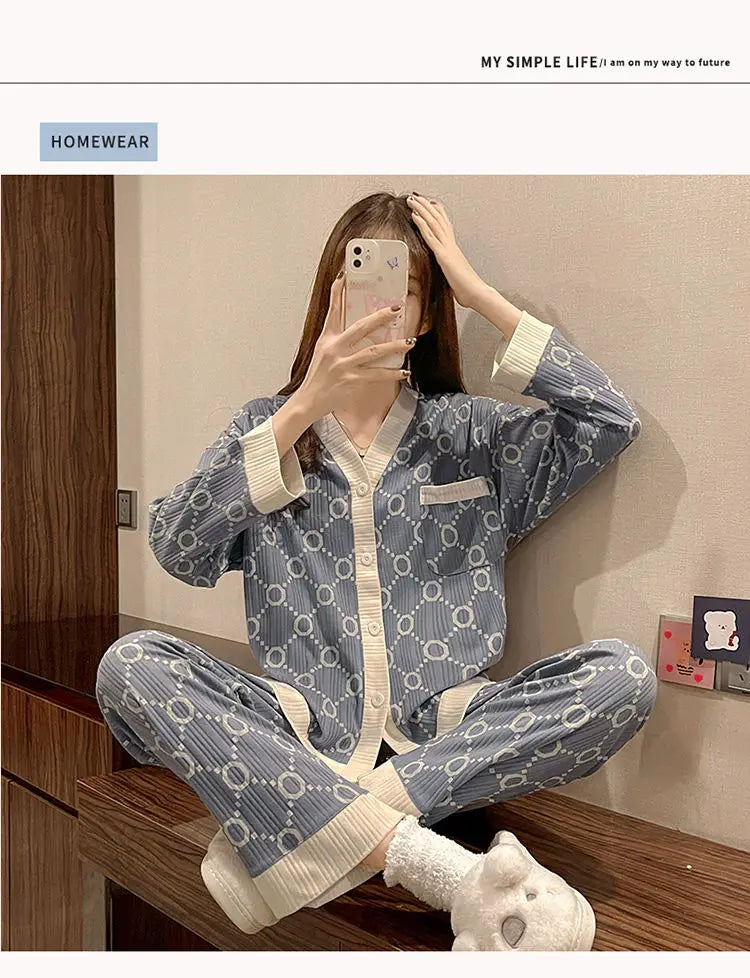 Two-piece Pajama For Women Pijamas Autumn Feminino Warm Casual Sleepwear 2024 Fashion Button Sleepwear Femme Print Home Suit