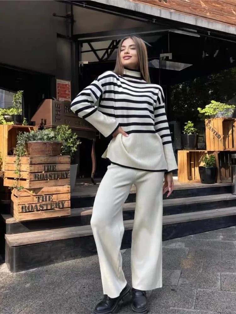 2024 Fashion Stripe Style Knitted Two Piece Set High Collar Sweater Loose