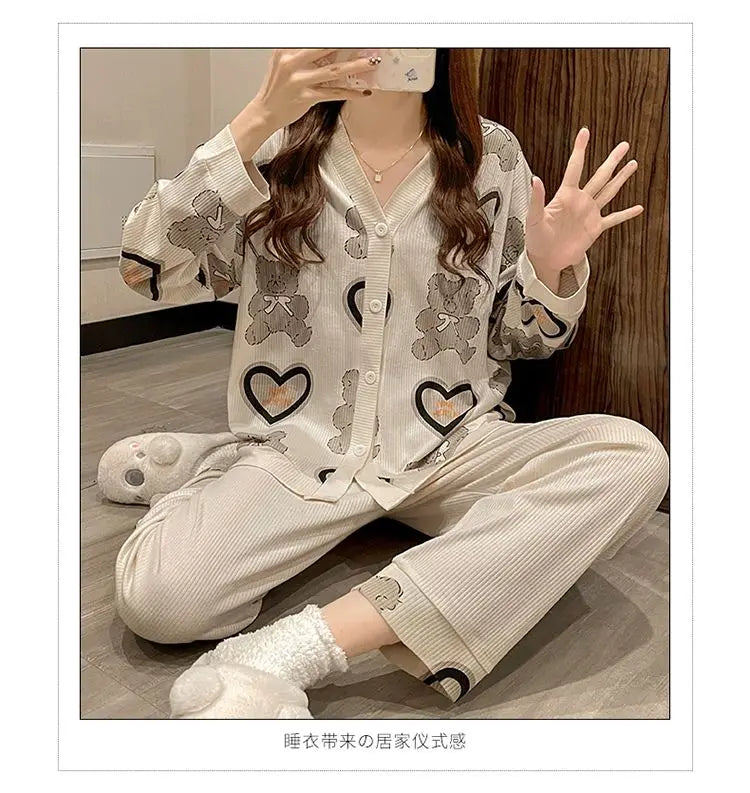 Two-piece Pajama For Women Pijamas Autumn Feminino Warm Casual Sleepwear 2024 Fashion Button Sleepwear Femme Print Home Suit