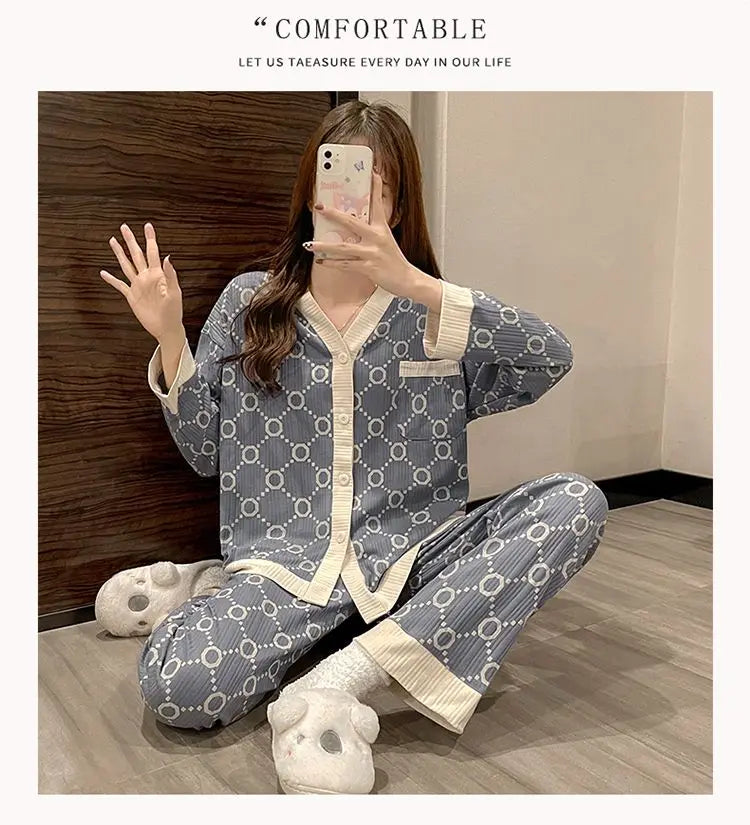 Two-piece Pajama For Women Pijamas Autumn Feminino Warm Casual Sleepwear 2024 Fashion Button Sleepwear Femme Print Home Suit