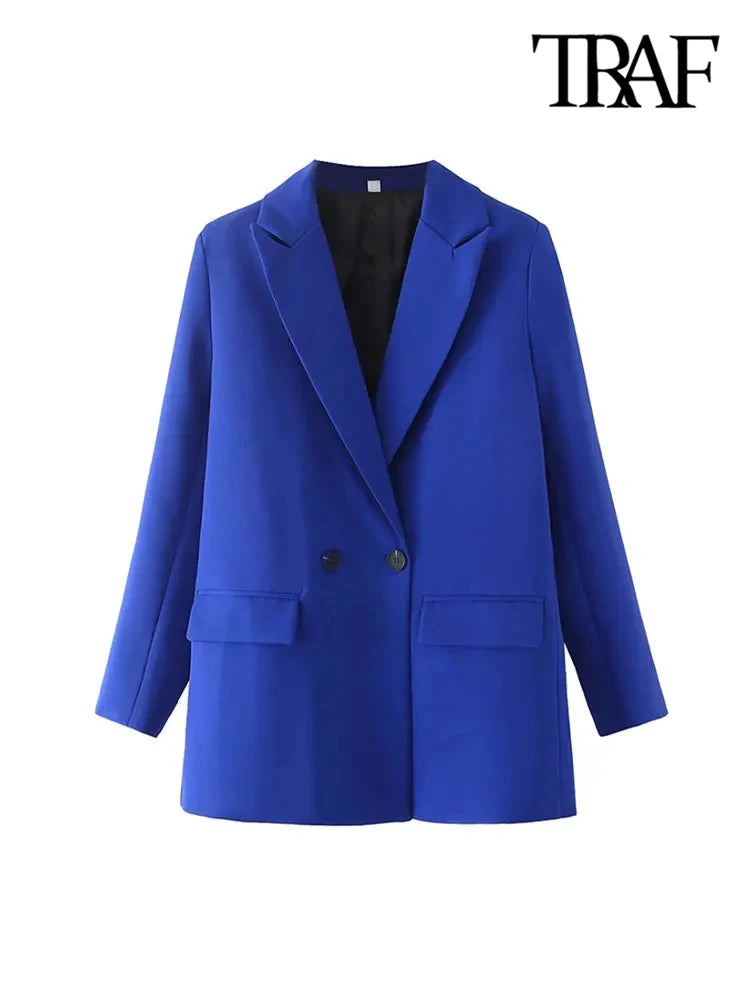 Office Lady Double Breasted Blazer Vintage Coat Fashion Notched Collar Long Sleeve Ladies Outerwear Stylish Tops