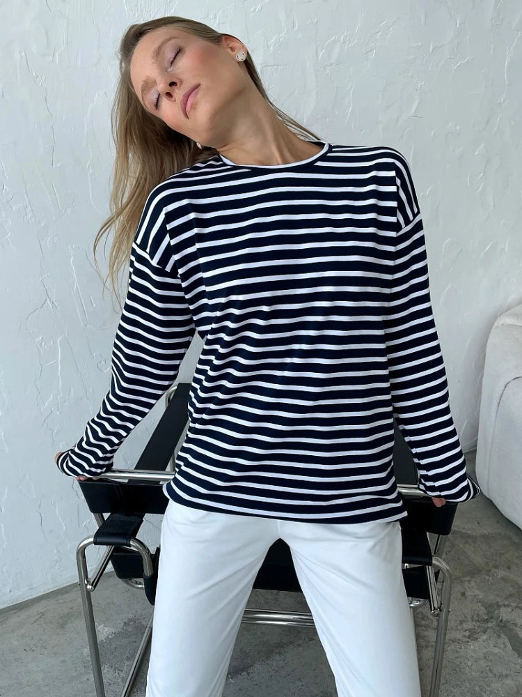 Summer Long Sleeve Striped T-Shirts Women Basic Casual Tops Female Cozy Loose Cotton Tees Harajuku T Shirt Streetwear