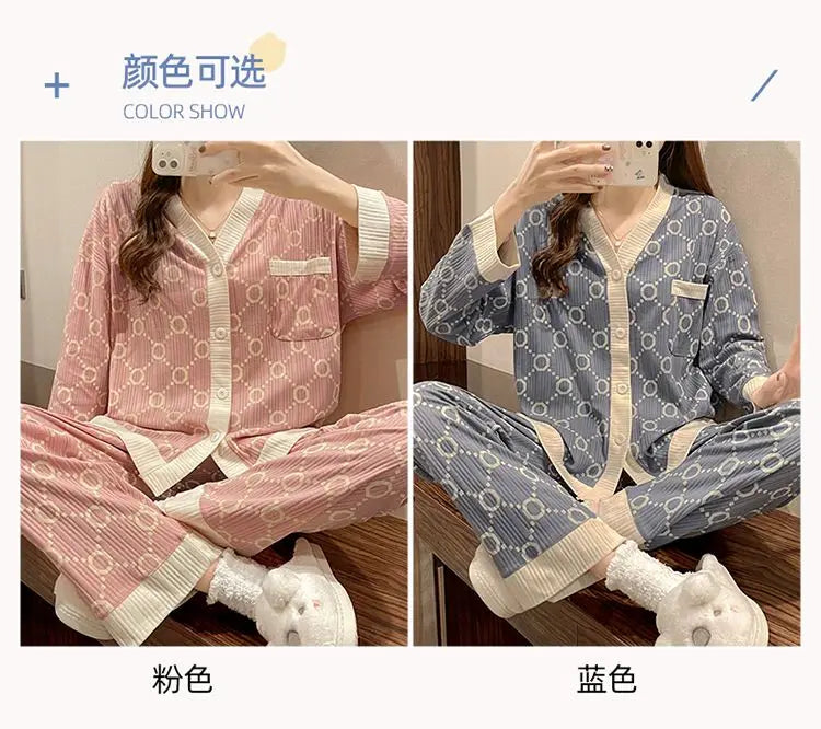 Two-piece Pajama For Women Pijamas Autumn Feminino Warm Casual Sleepwear 2024 Fashion Button Sleepwear Femme Print Home Suit