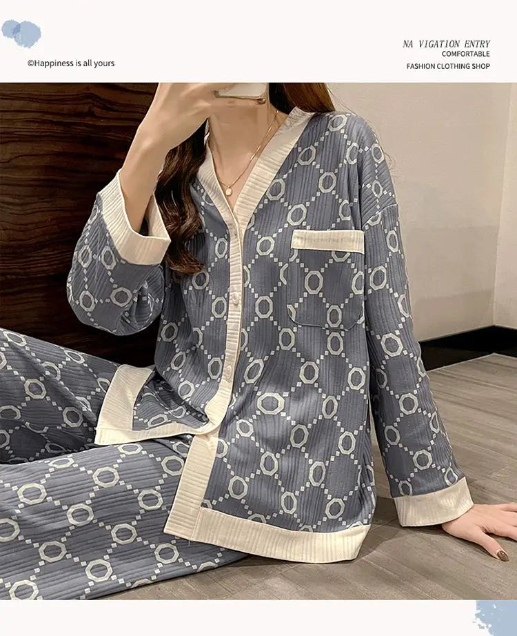 Two-piece Pajama For Women Pijamas Autumn Feminino Warm Casual Sleepwear 2024 Fashion Button Sleepwear Femme Print Home Suit