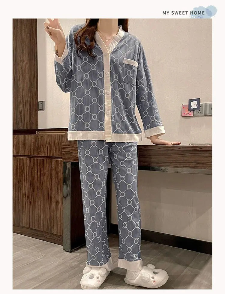 Two-piece Pajama For Women Pijamas Autumn Feminino Warm Casual Sleepwear 2024 Fashion Button Sleepwear Femme Print Home Suit