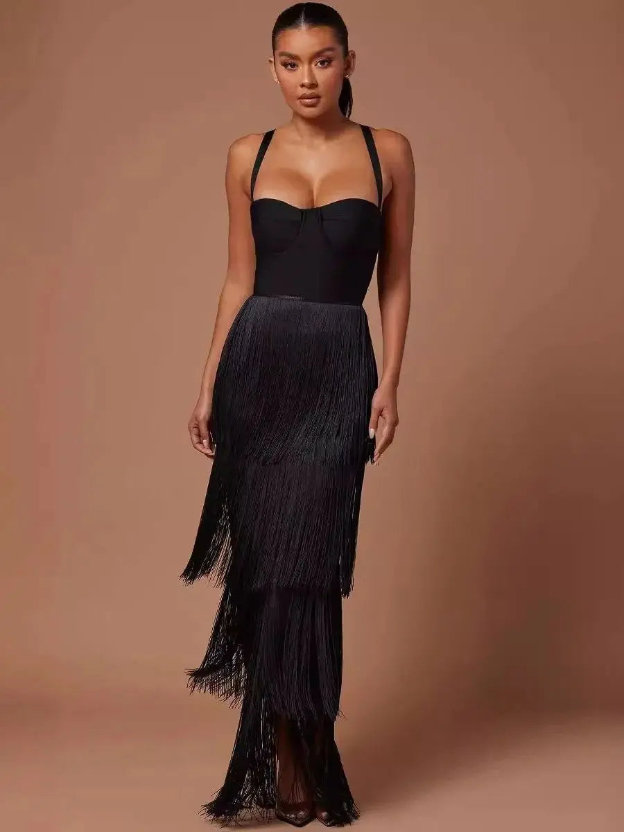 BEAUKEY Summer Luxury Black Tassel Long Evening Bandage Dress Women Backless Bustier Sexy Bodyocn Dress XL Quality Lady Vestidos