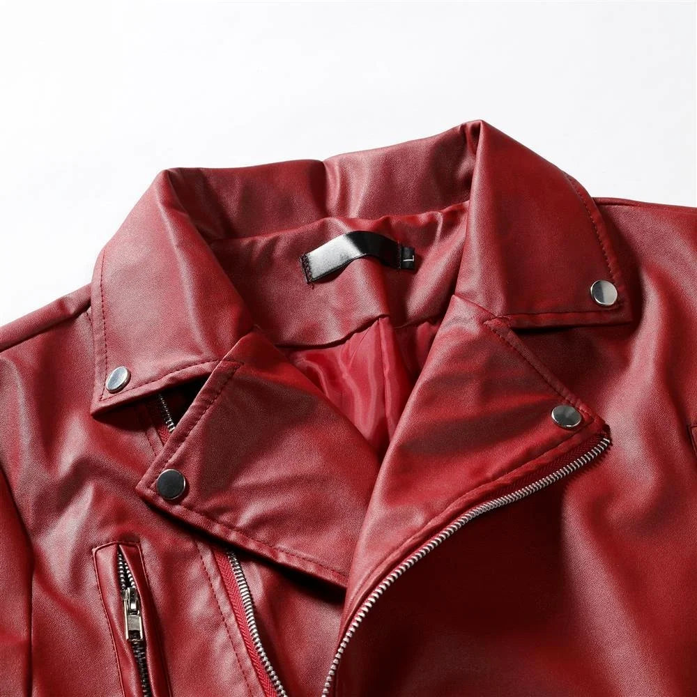 Men PU Leather Jacket Solid Color Casual Slim-Fit Zipper Long Sleeve Turn-Down Collar Motorcycle Leather JacketCoat Men Clothing