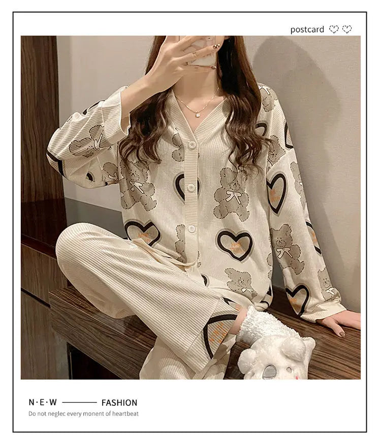 Two-piece Pajama For Women Pijamas Autumn Feminino Warm Casual Sleepwear 2024 Fashion Button Sleepwear Femme Print Home Suit