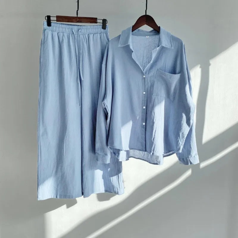 Loose Solid Color Cardigan Shirt Wide Leg Pants Women's 2-piece Set Of Retro Cotton Linen Shirt High Waist Long Pants Set Outfit