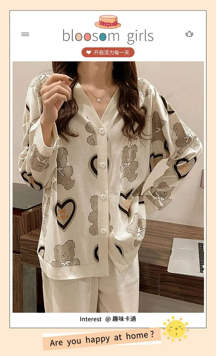 Two-piece Pajama For Women Pijamas Autumn Feminino Warm Casual Sleepwear 2024 Fashion Button Sleepwear Femme Print Home Suit