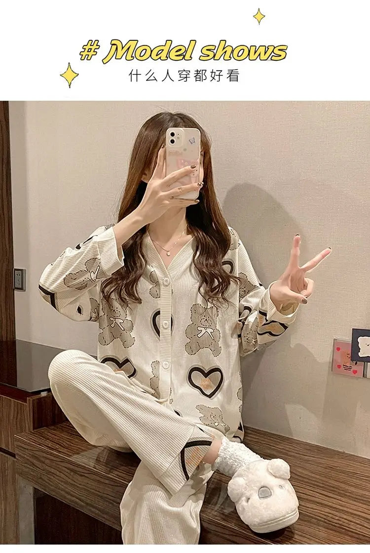 Two-piece Pajama For Women Pijamas Autumn Feminino Warm Casual Sleepwear 2024 Fashion Button Sleepwear Femme Print Home Suit