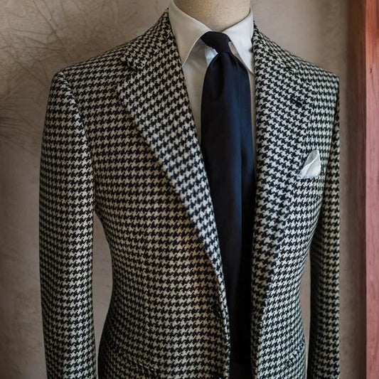 Houndstooth Business Blazer for Men 2023 Plaid Notched Lapel Suit Jacket Formal Male Fashion Coat