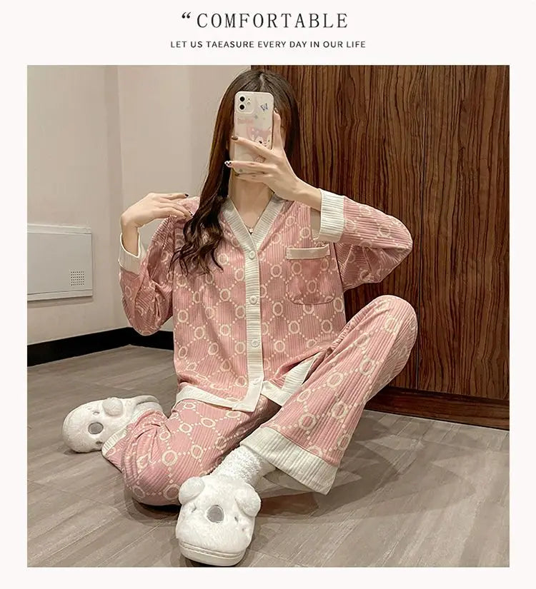 Two-piece Pajama For Women Pijamas Autumn Feminino Warm Casual Sleepwear 2024 Fashion Button Sleepwear Femme Print Home Suit