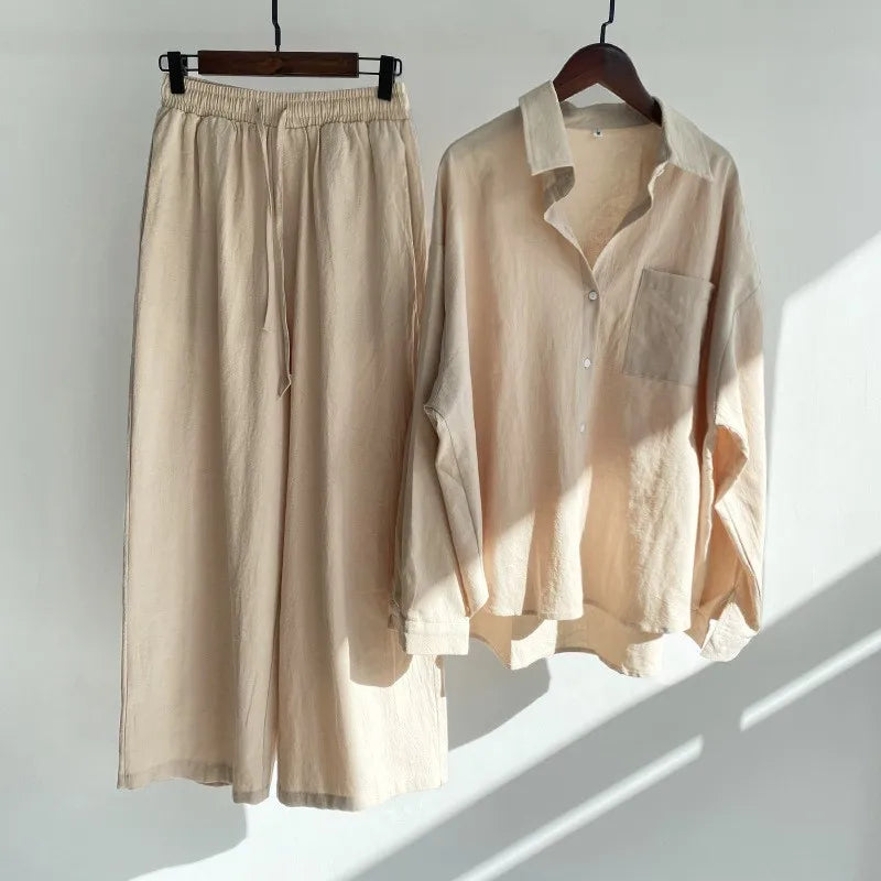 Loose Solid Color Cardigan Shirt Wide Leg Pants Women's 2-piece Set Of Retro Cotton Linen Shirt High Waist Long Pants Set Outfit