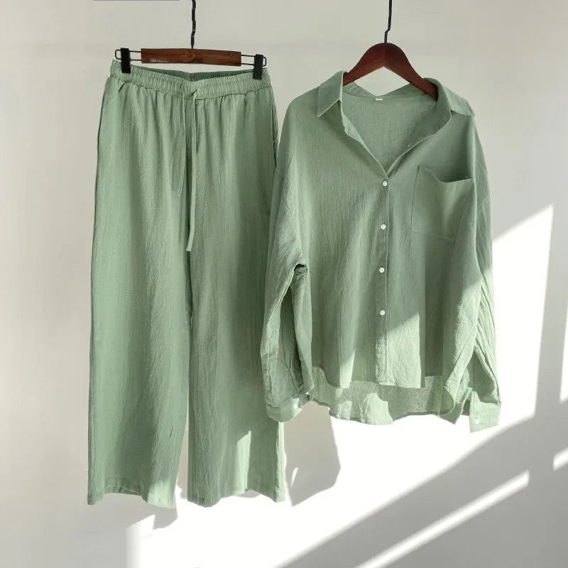 Loose Solid Color Cardigan Shirt Wide Leg Pants Women's 2-piece Set Of Retro Cotton Linen Shirt High Waist Long Pants Set Outfit