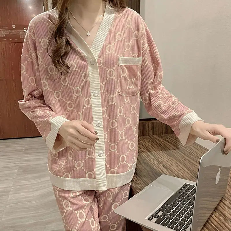 Two-piece Pajama For Women Pijamas Autumn Feminino Warm Casual Sleepwear 2024 Fashion Button Sleepwear Femme Print Home Suit