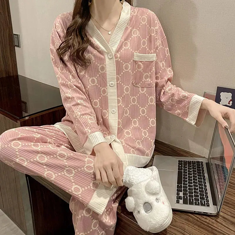 Two-piece Pajama For Women Pijamas Autumn Feminino Warm Casual Sleepwear 2024 Fashion Button Sleepwear Femme Print Home Suit