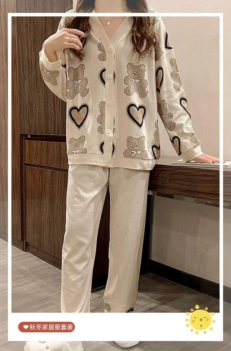 Two-piece Pajama For Women Pijamas Autumn Feminino Warm Casual Sleepwear 2024 Fashion Button Sleepwear Femme Print Home Suit