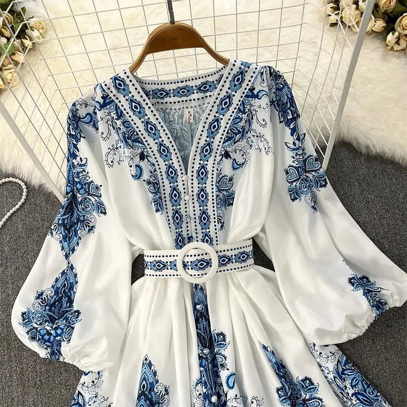 Spring Women Dresses Print Lantern Sleeve V Neck Dress Patchwork Ruffles Belt Loose Pullover Boho Vestidos Slight Strech 2024