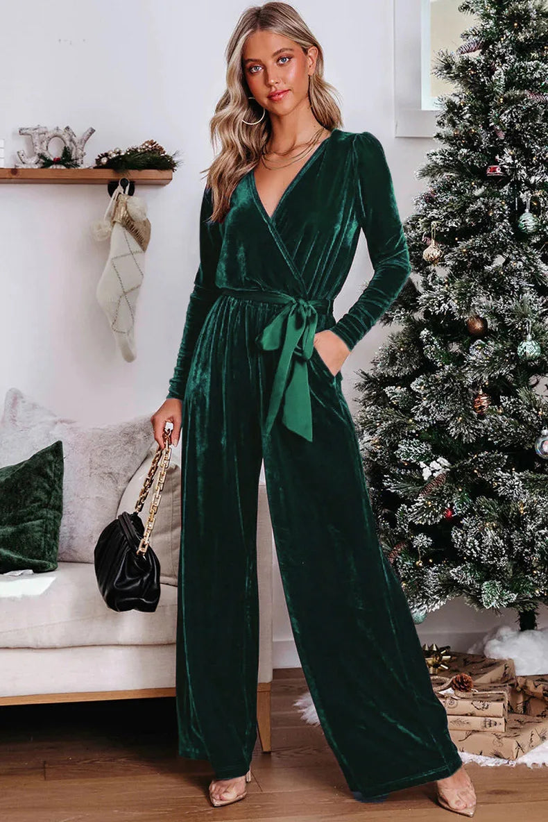 Women's Spring and Autumn New Fashion Slim-fit Romper V-neck Long Sleeve Lace-up Elegant Straight-leg Long Pants Jumpsuit Y2k